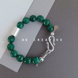 New men's 925 sterling silver with malachite stone and stainless steel bracelet